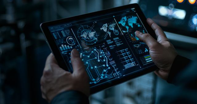 Zwei Hände halten ein Tablet auf dem unterschiedliche Diagramme zur Fernüberwachung eines Gerätes angezeigt werden.