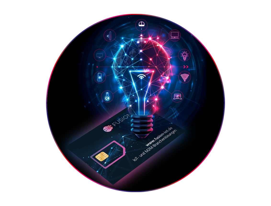 Eine leuchtende Glühbirne mit darum herum schwebenden IoT-Symbolen steht auf einer FUSION IoT SIM-Karte