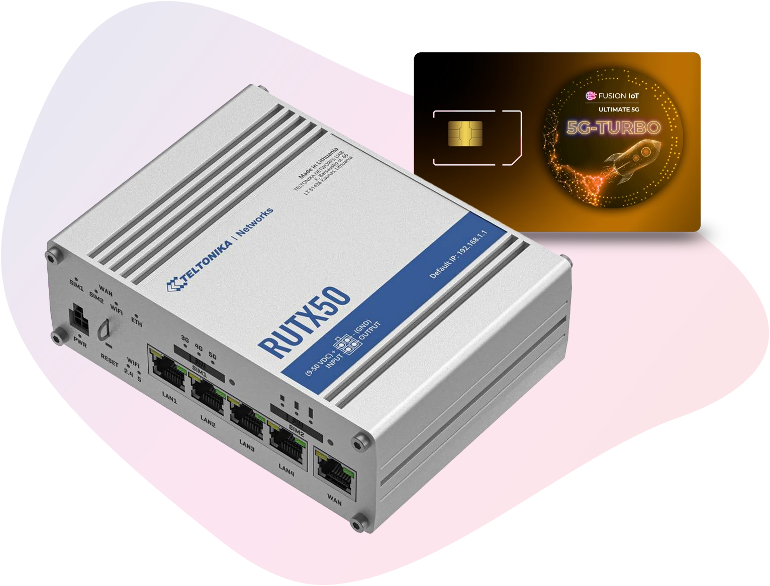 Abbild der IoT Lösung "Mobiles 5G Highspeed Internet Package" mit dem Routers RUTX50 der Teltonika und einer FUSION IoT SIM-Karte davor