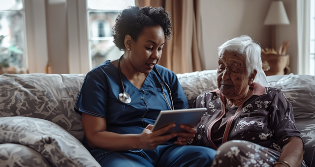 Eine Krankenschwester sitzt mit einem Tablet in der Hand neben einer älteren Patientin